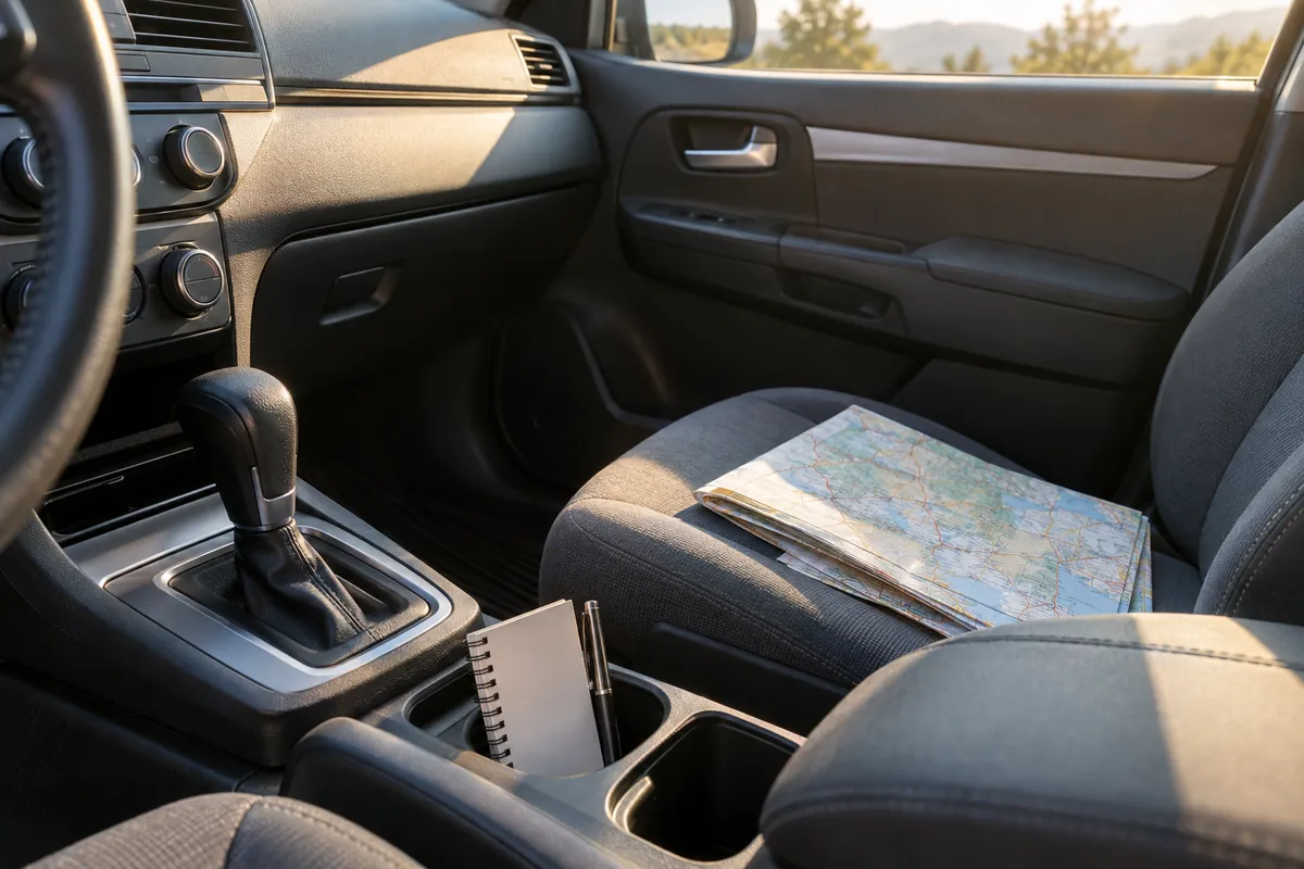 A notebook in the cup holder and a folded road map on the passenger seat