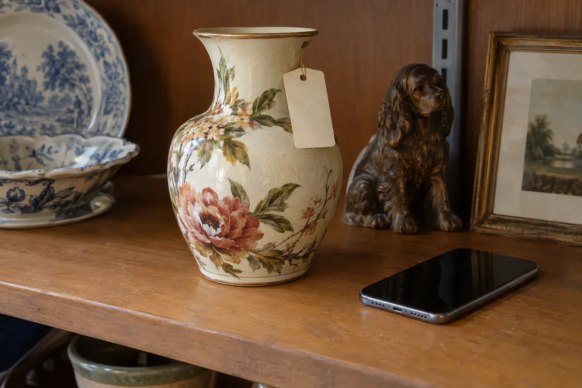 A vintage vase with its thrift tag beside a phone on the shelf