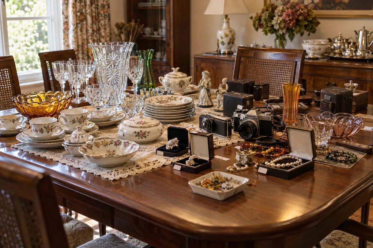 An estate sale dining table covered with china, glassware and old cameras