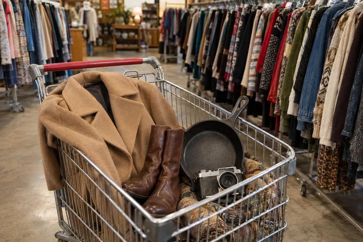 A thrift store cart with a wool coat, leather boots, a cast iron pan and a camera