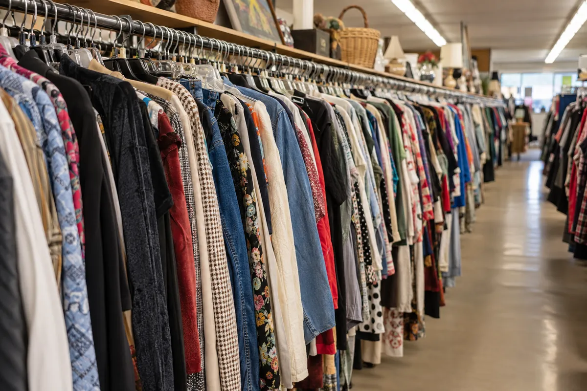 A long, packed clothing rack in a thrift store
