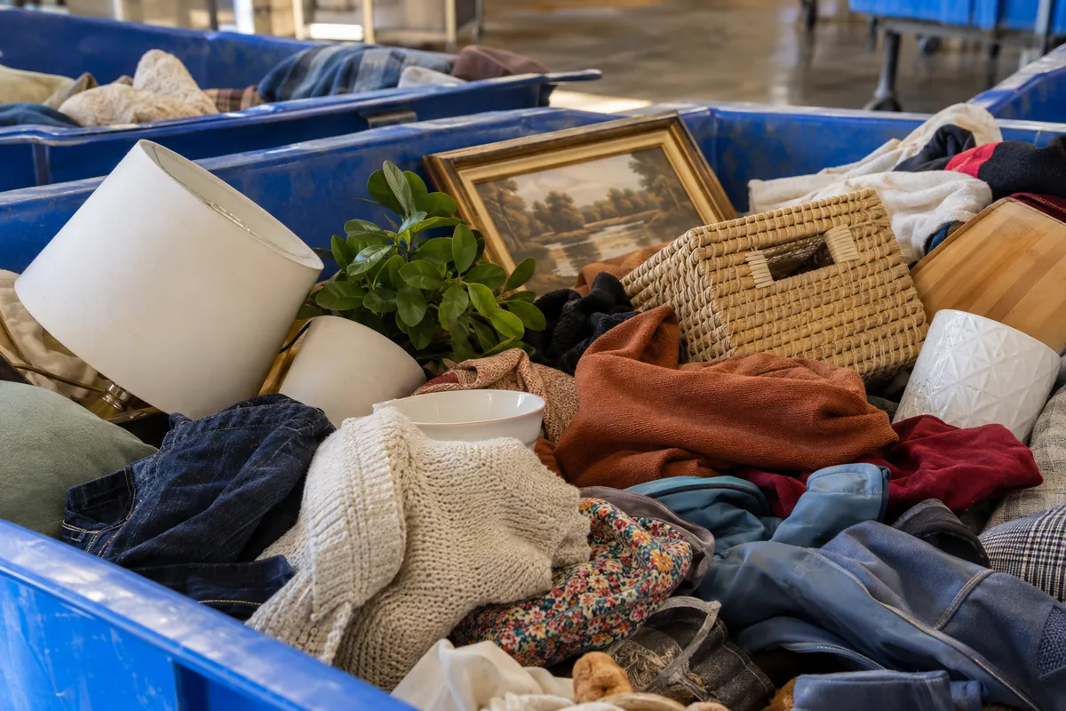 A large outlet bin full of mixed clothing and household goods