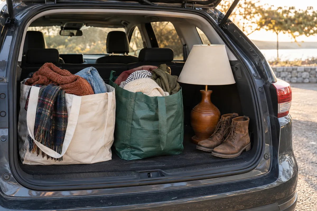 A car trunk holding bags of thrifted clothes, a lamp and boots