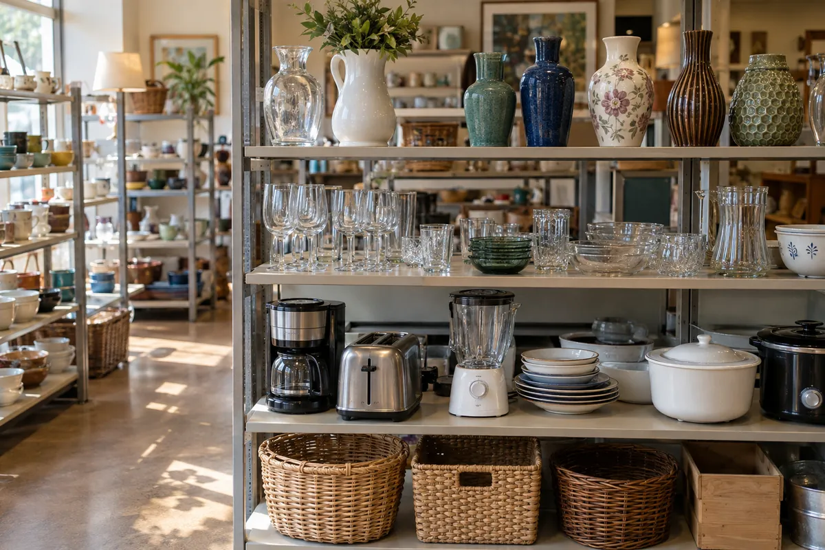Thrift store shelves of glassware, vases and kitchen appliances